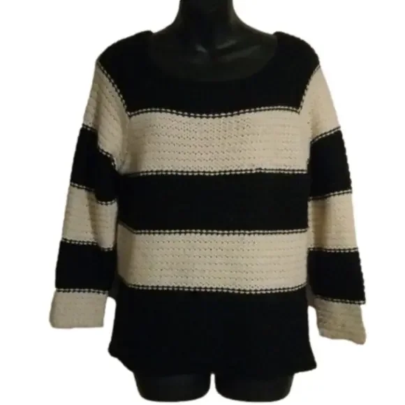 Sanctuary size large black/ cream striped sweater. So pretty for winter. - Picture 1 of 11